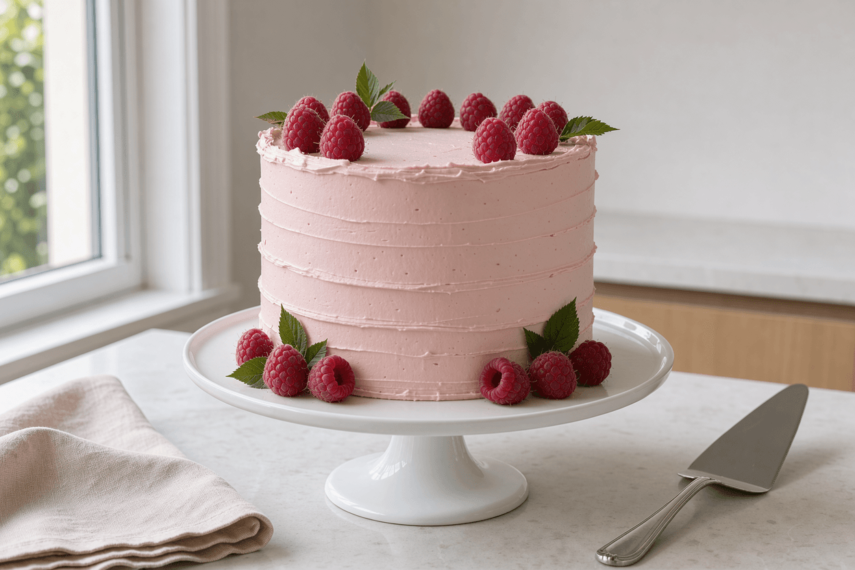 A tall celebration cake with pale pink buttercream and fresh raspberries on a cake stand