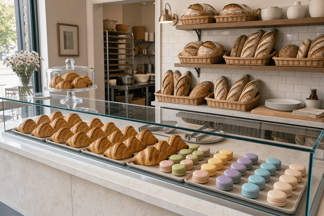 The glass counter of a cheerful bakery with croissants, pastel macarons and loaves on shelves behind