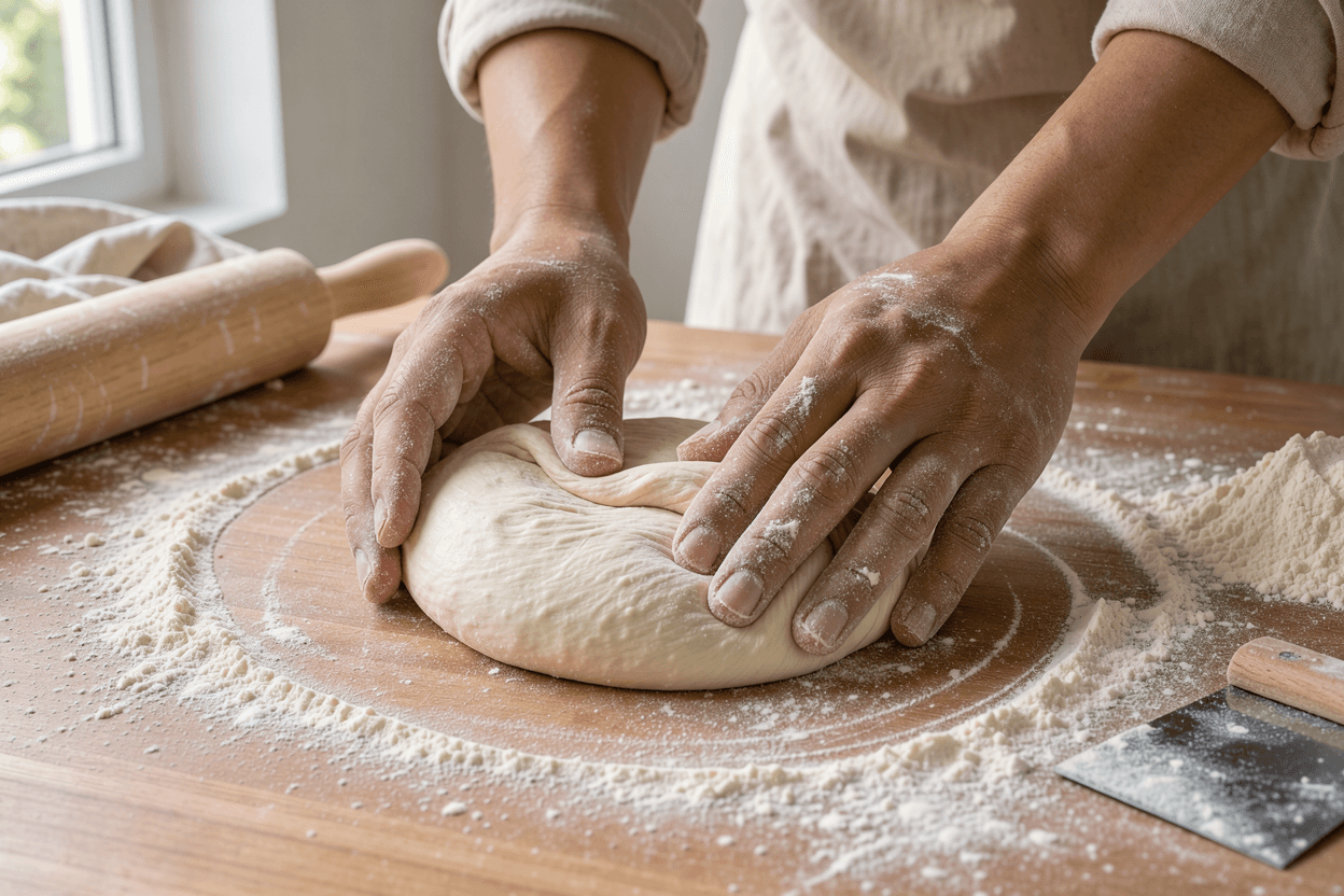 Hands shaping dough on a floured table, close up